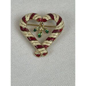 VTG Enamel Red White Gold Candy Cane Heart Dangle Holly Pin Brooch Signed GSK FS